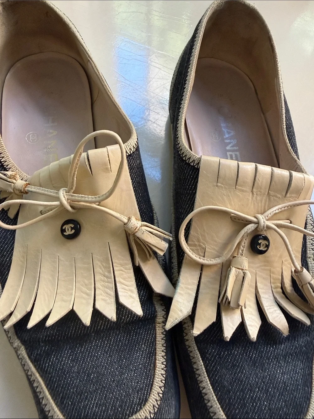 CHANEL Denim and Beige Leather Fringe Kiltie Loafers